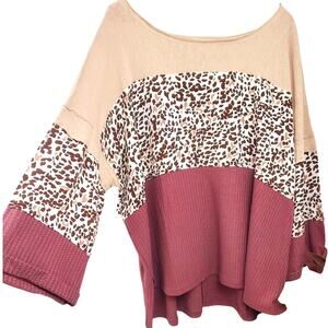 Umgee Top Plus Size 1X Mixed Leopard Print Boho Peasant Thermal Shirt 1 1XL